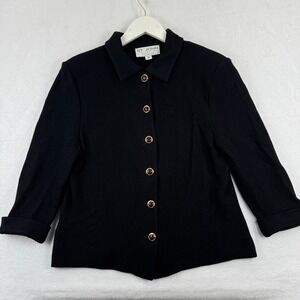 St John Collection Marie Gray Black Santana Knit Jacket Button Up Collared Sz 12